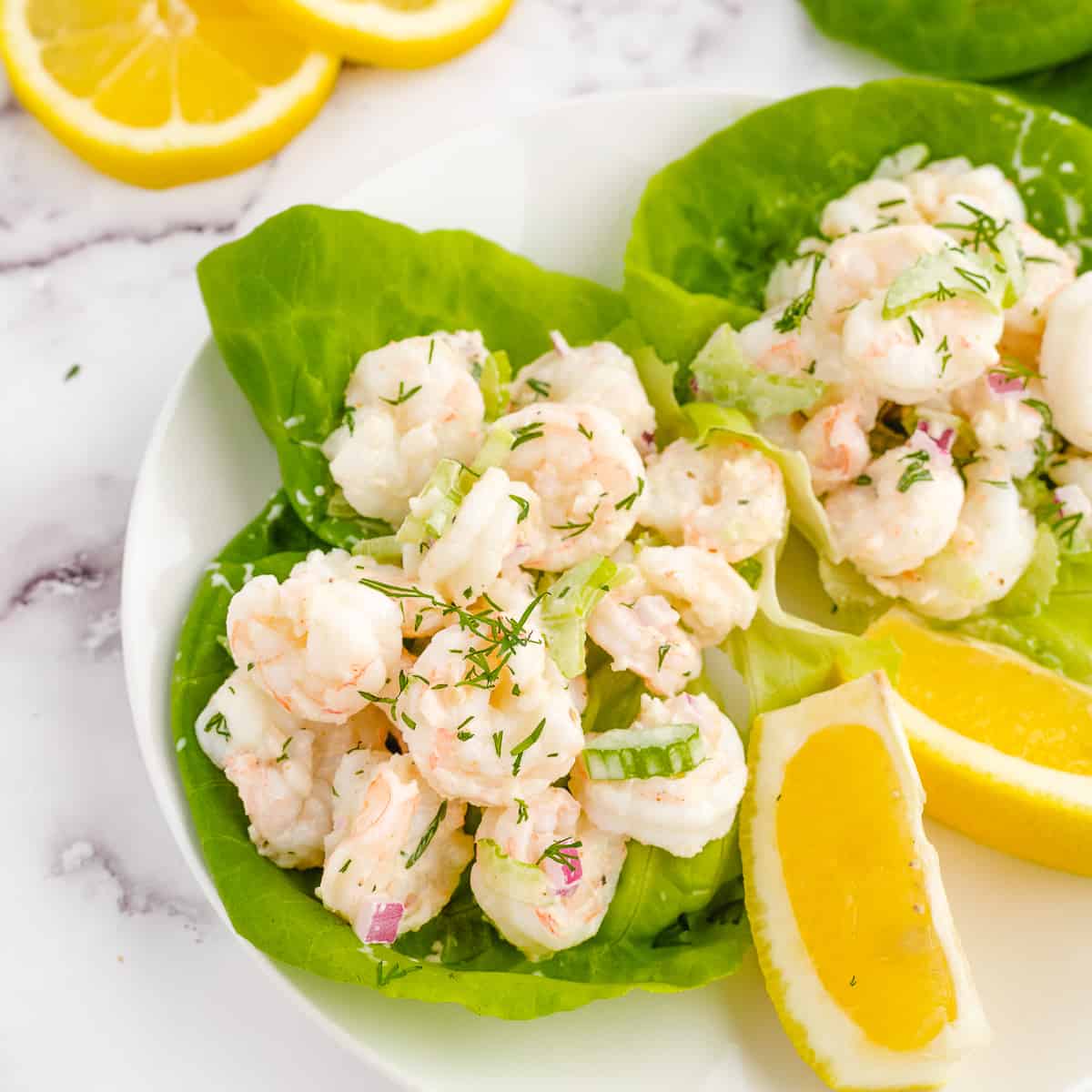 healthy shrimp salad in lettuce cups.