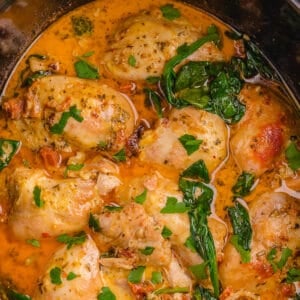 Finished tuscan chicken still in the crock pot.