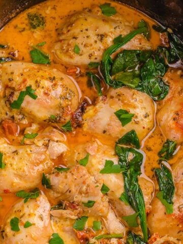 Finished tuscan chicken still in the crock pot.