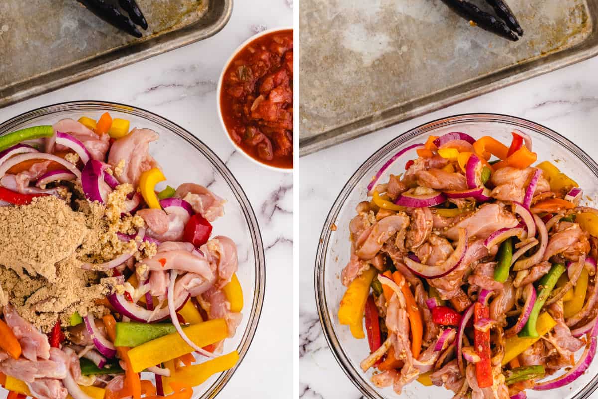 Prepping sheet pan fajitas with seasonings in a bowl.
