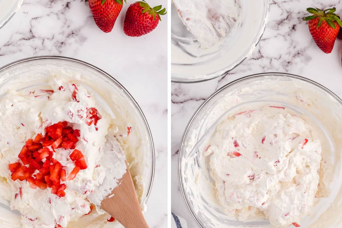 Adding strawberries to the mousse mix.