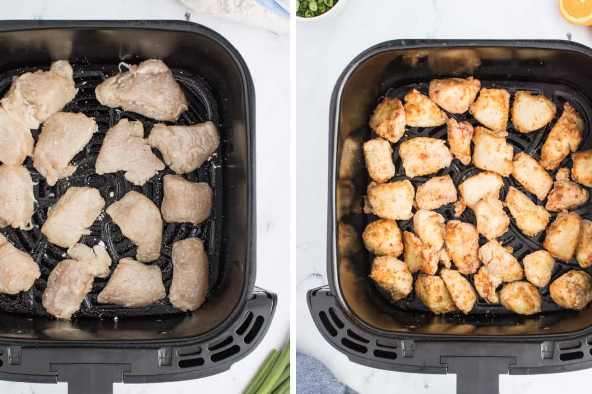 Breaded chicken being cooked in the air fryer.