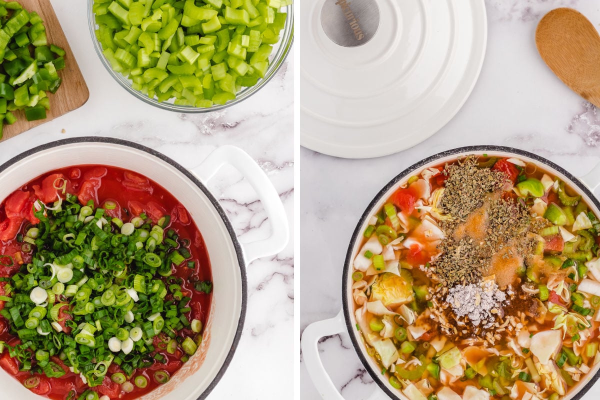 Adding soup ingredients to a pot and letting it cook.