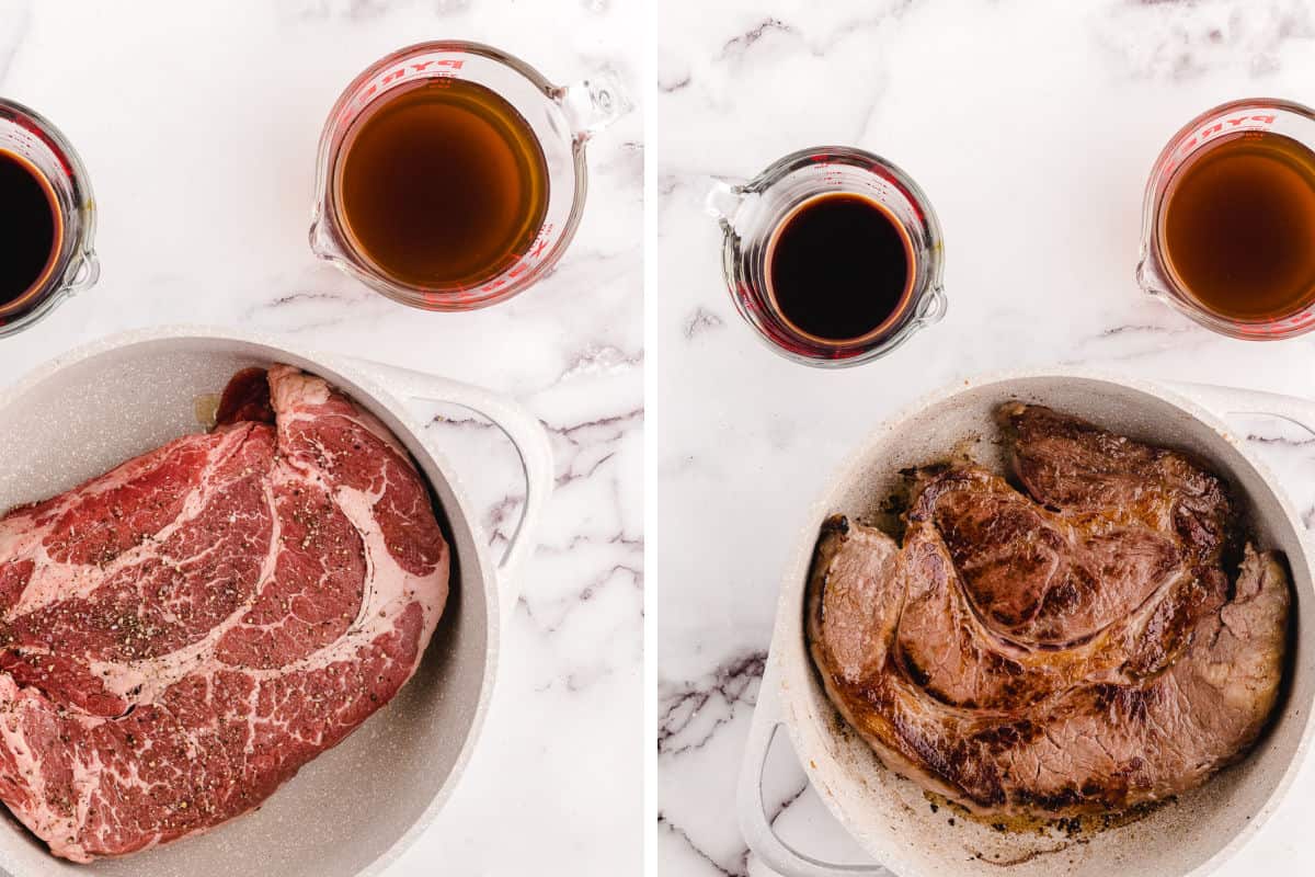Preparing the chuck roast before putting it in the crock pot.