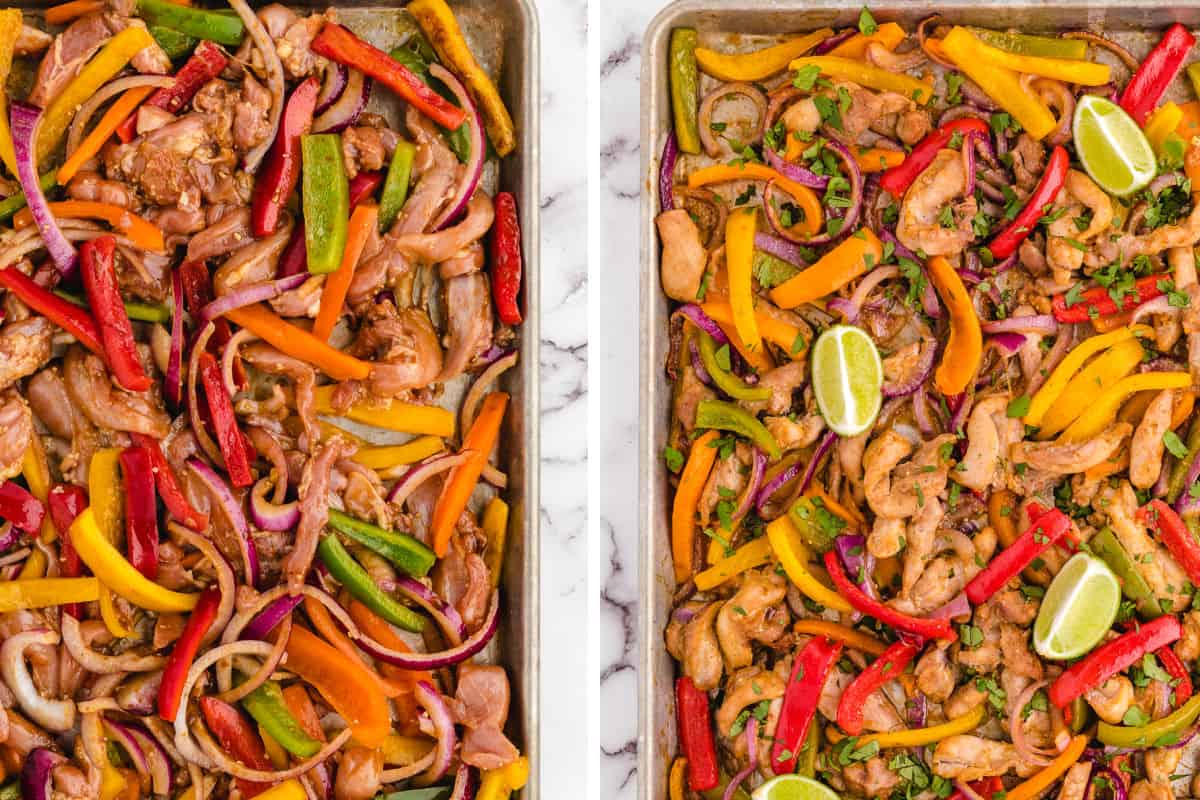 Before and after sheet pan chicken fajitas are cooked.