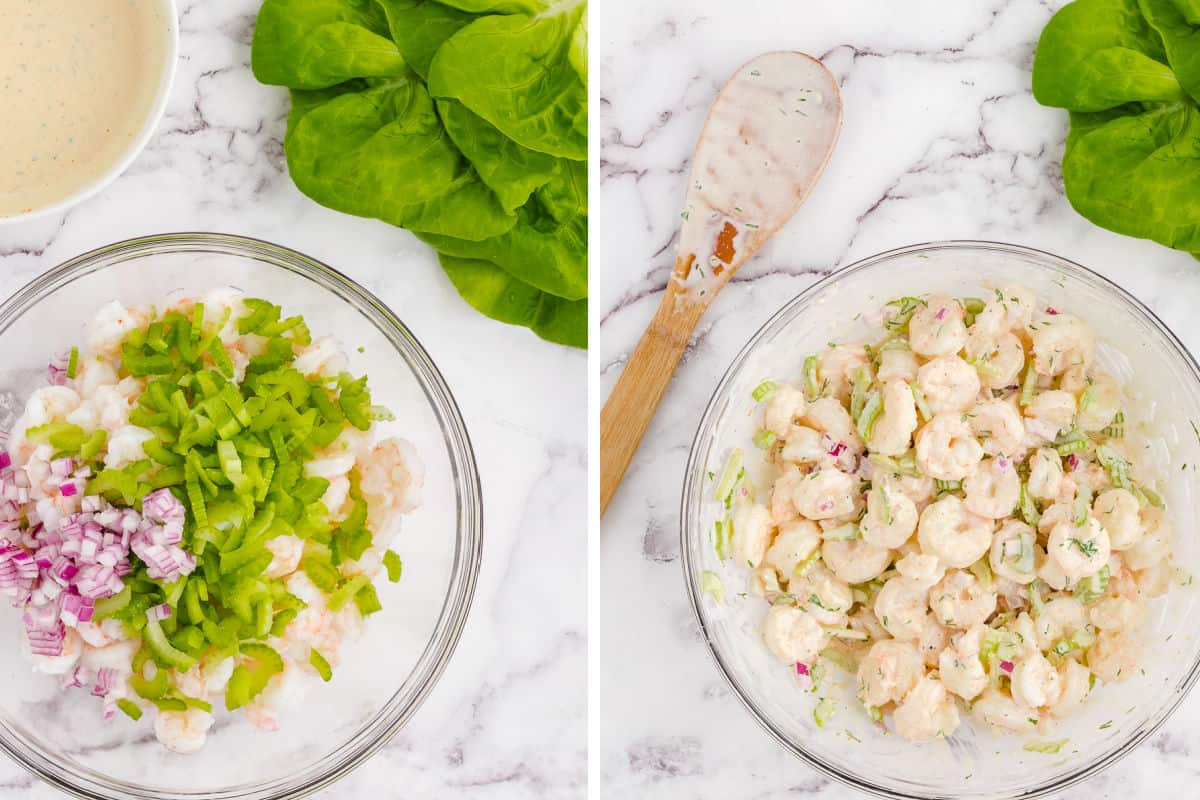 preparing the shrimp lettuce salad.