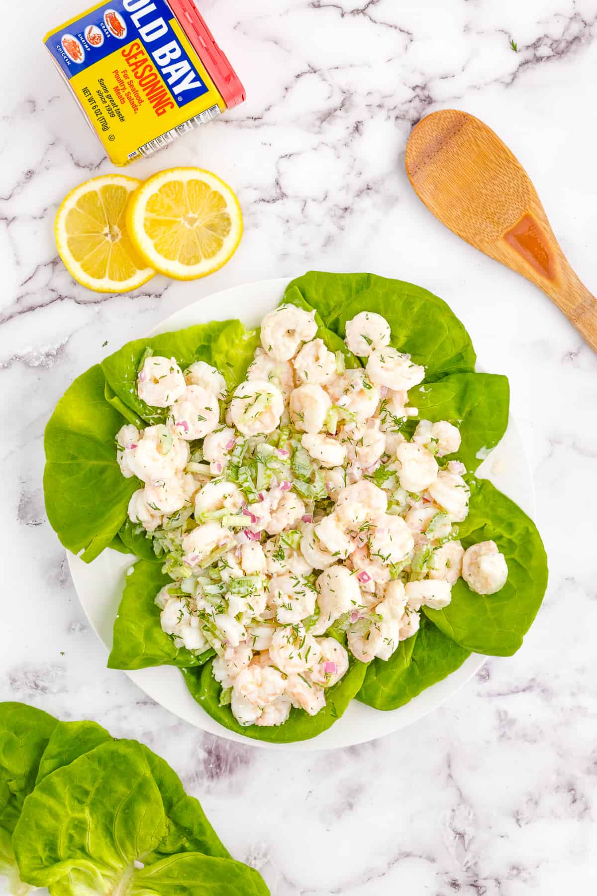 healthy shrimp salad in lettuce cups.