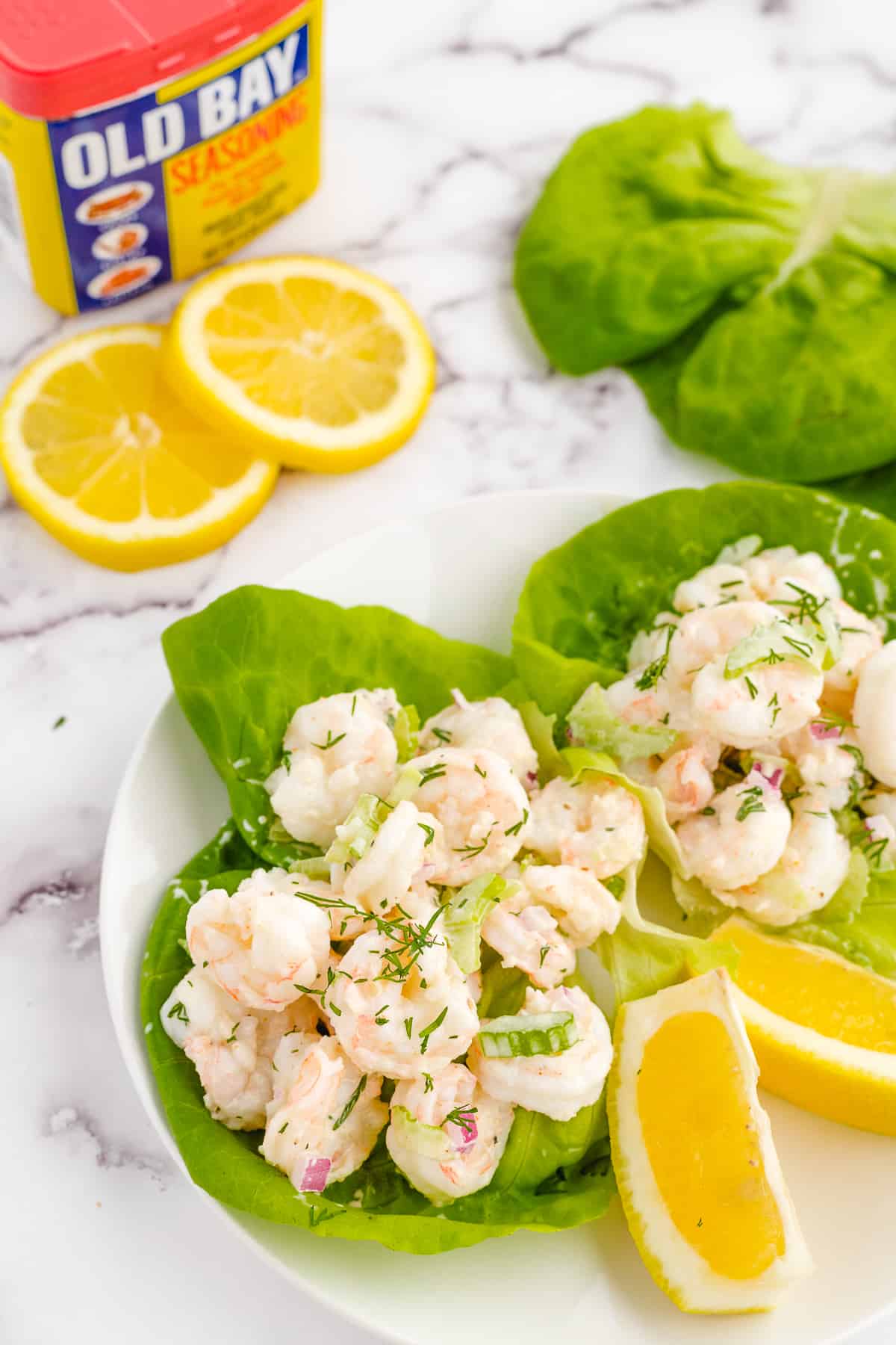 healthy shrimp salad in lettuce cups.