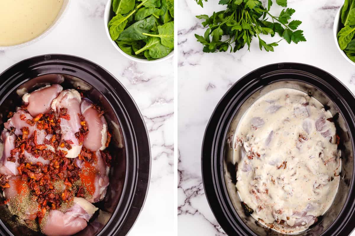 Prepping the chicken in the crock pot before cooking.
