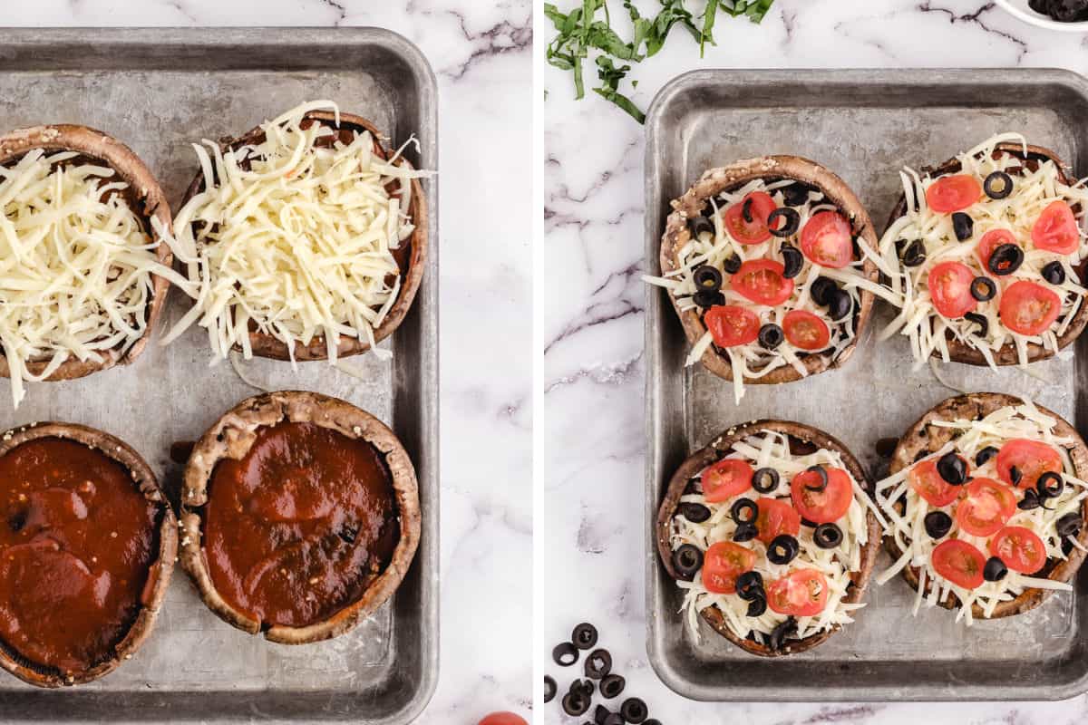 Adding toppings to the mushroom caps.