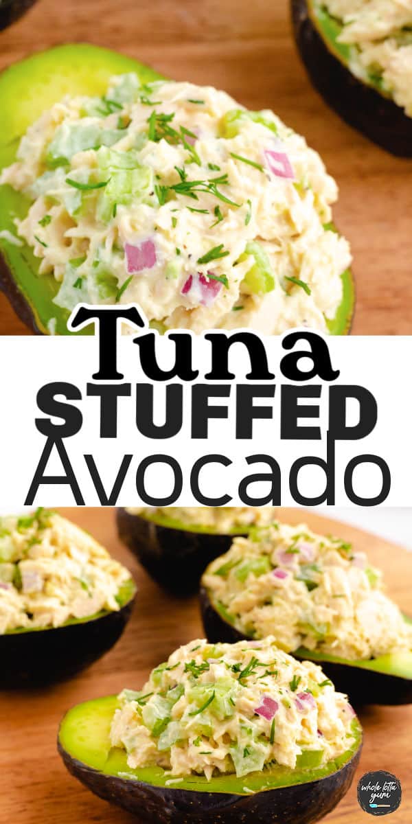 Tuna stuffed avocado pinterest pin.