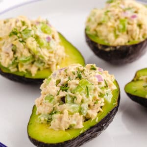 Four avocado halves filled with tuna salad.