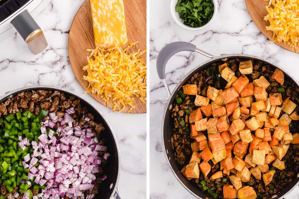 Sweet potatoes and veggies being saut&eacute;ed in the skillet.
