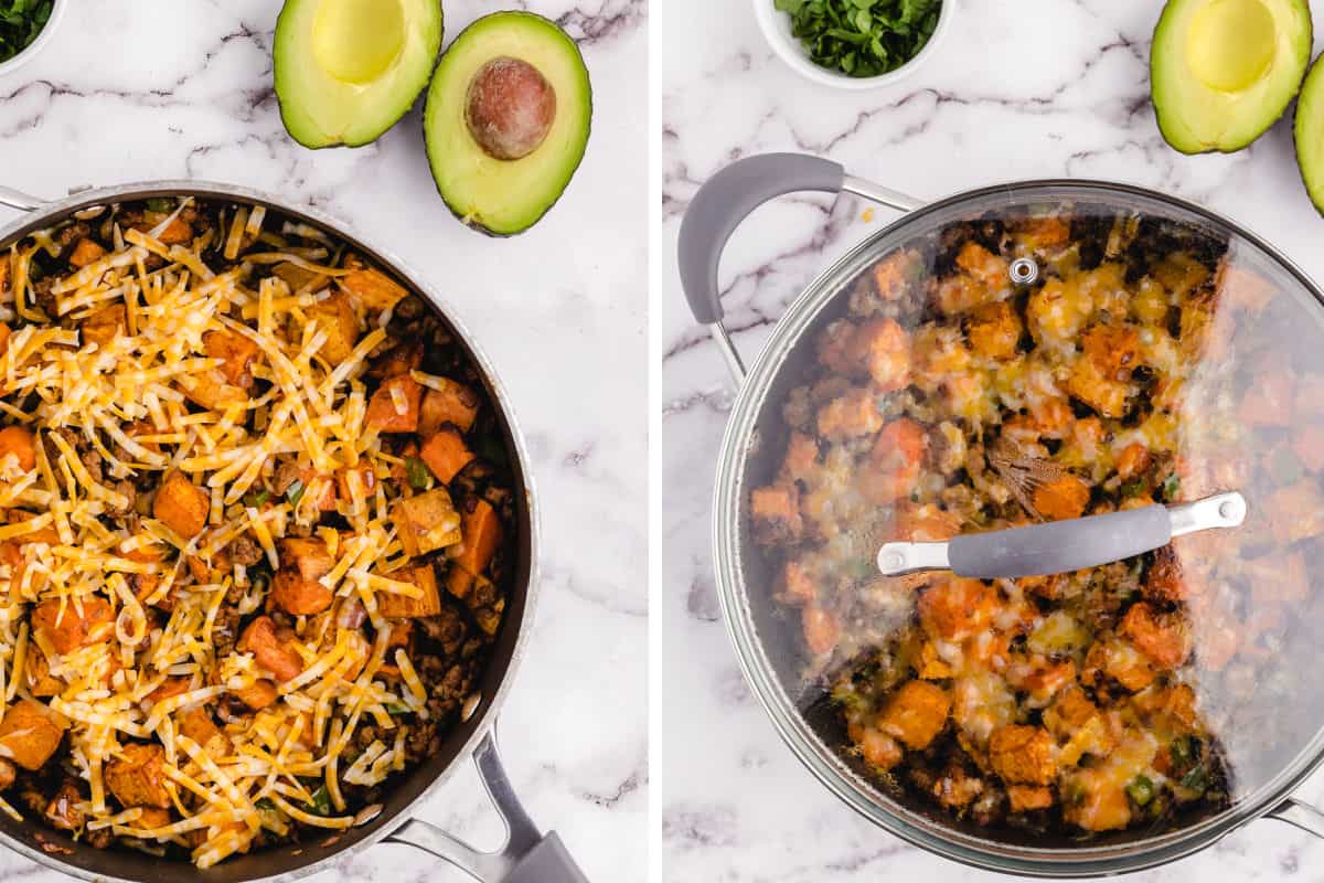 Process of cooking sweet potato hash.