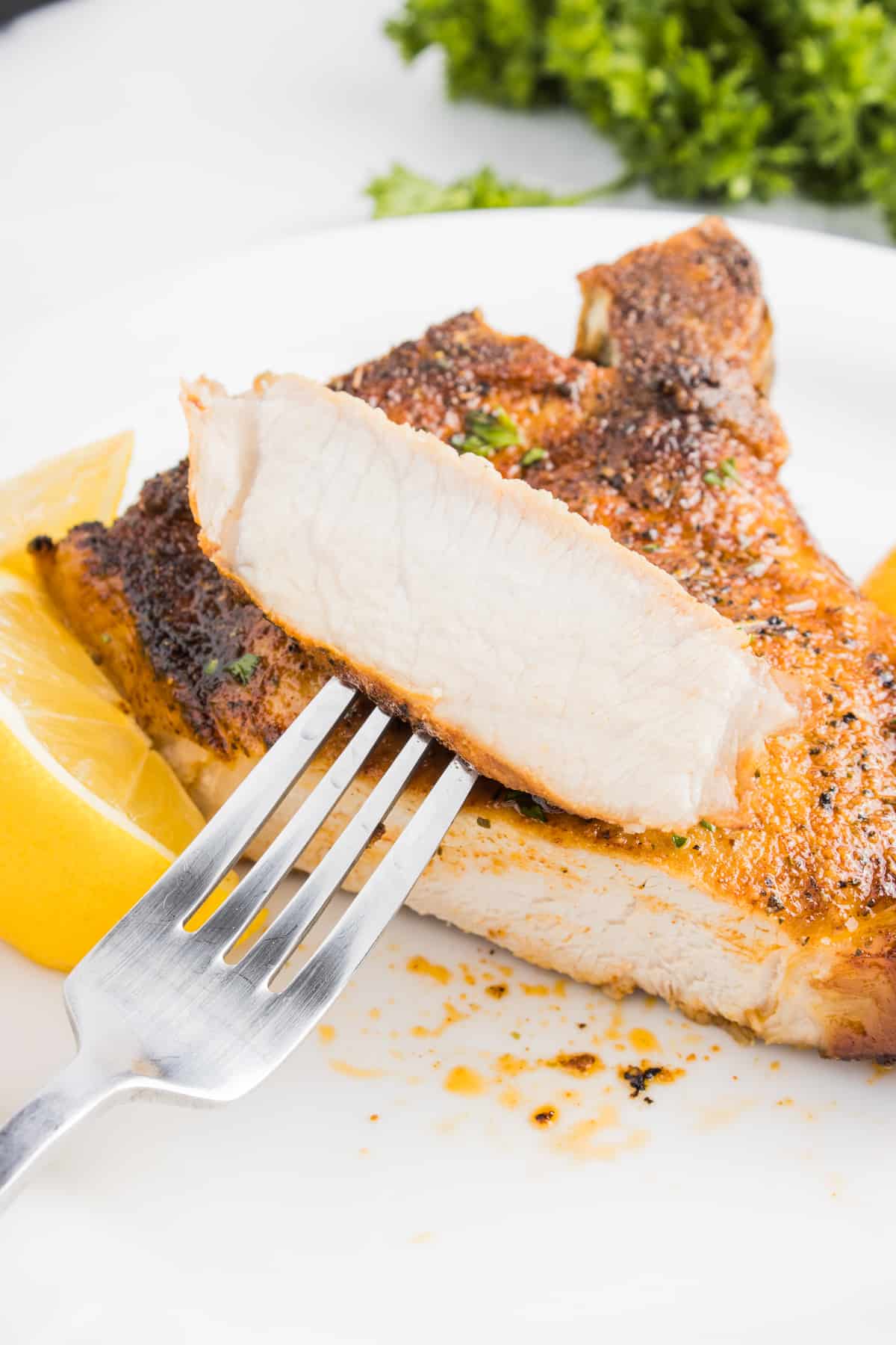 A piece of pork chop on a fork.