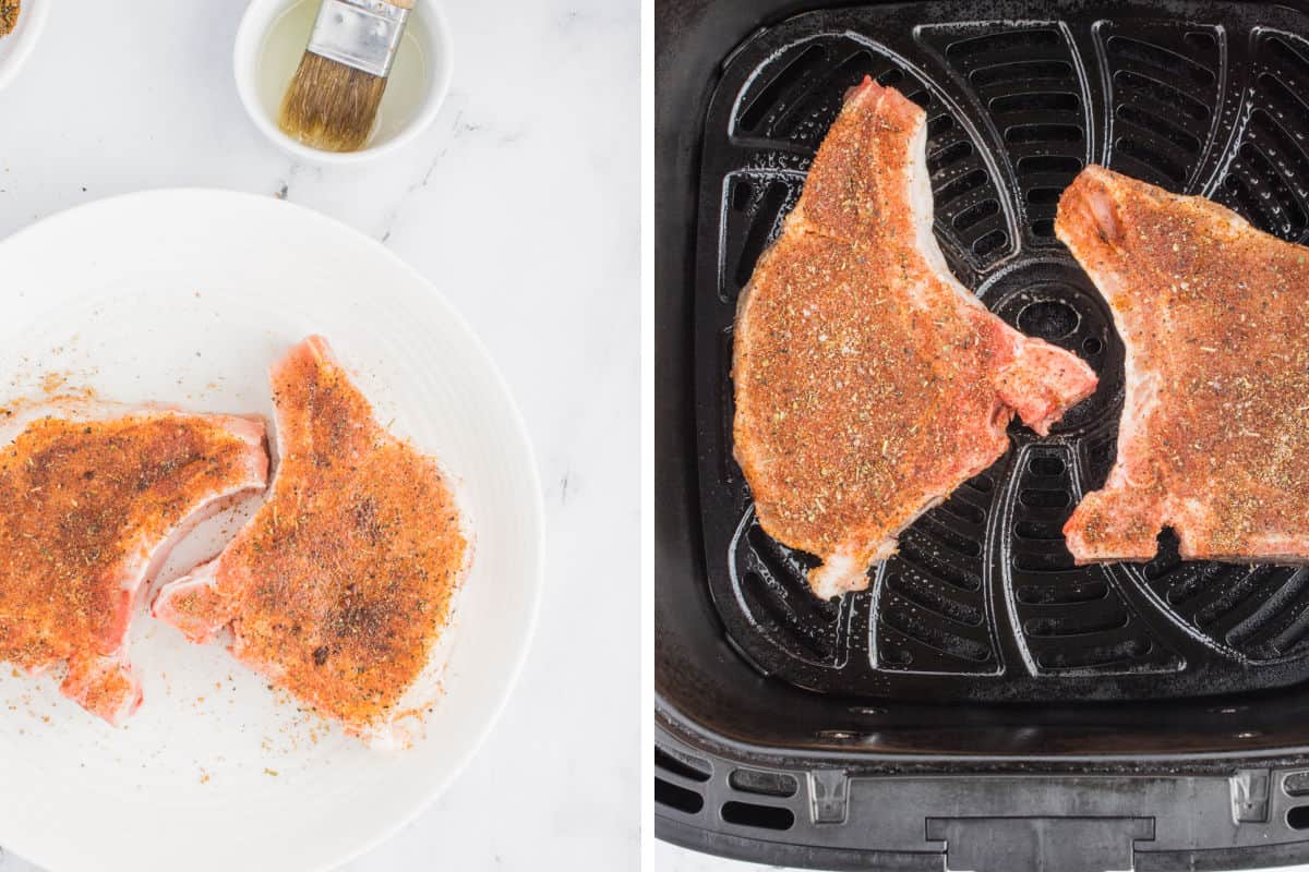 Seasoning and placing pork chops into the air fryer basket.