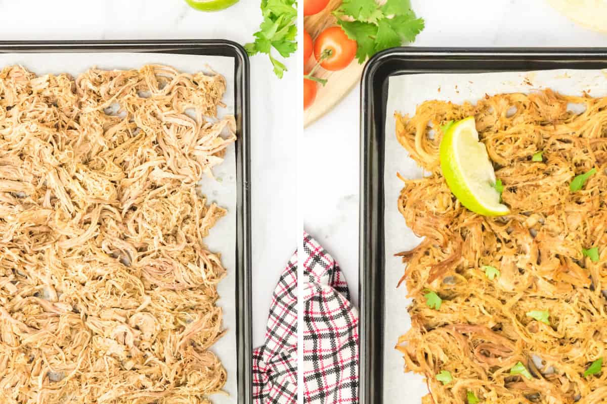 Shredded pork before and after being broiled.
