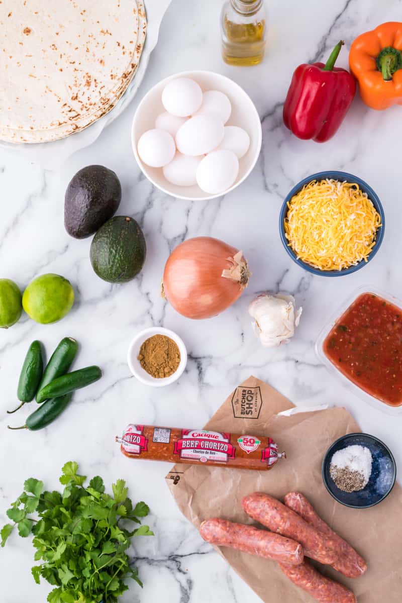 Chorizo breakfast burrito ingredients.