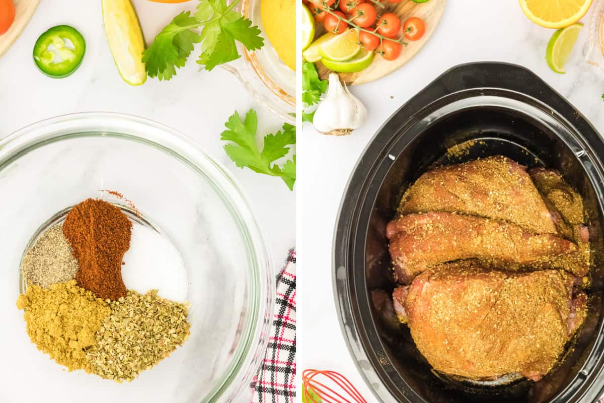 Seasonings in a bowl and the pork in the crock pot.