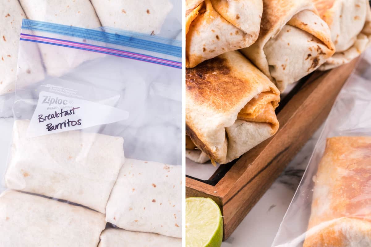 Preparing breakfast burritos for freezing.