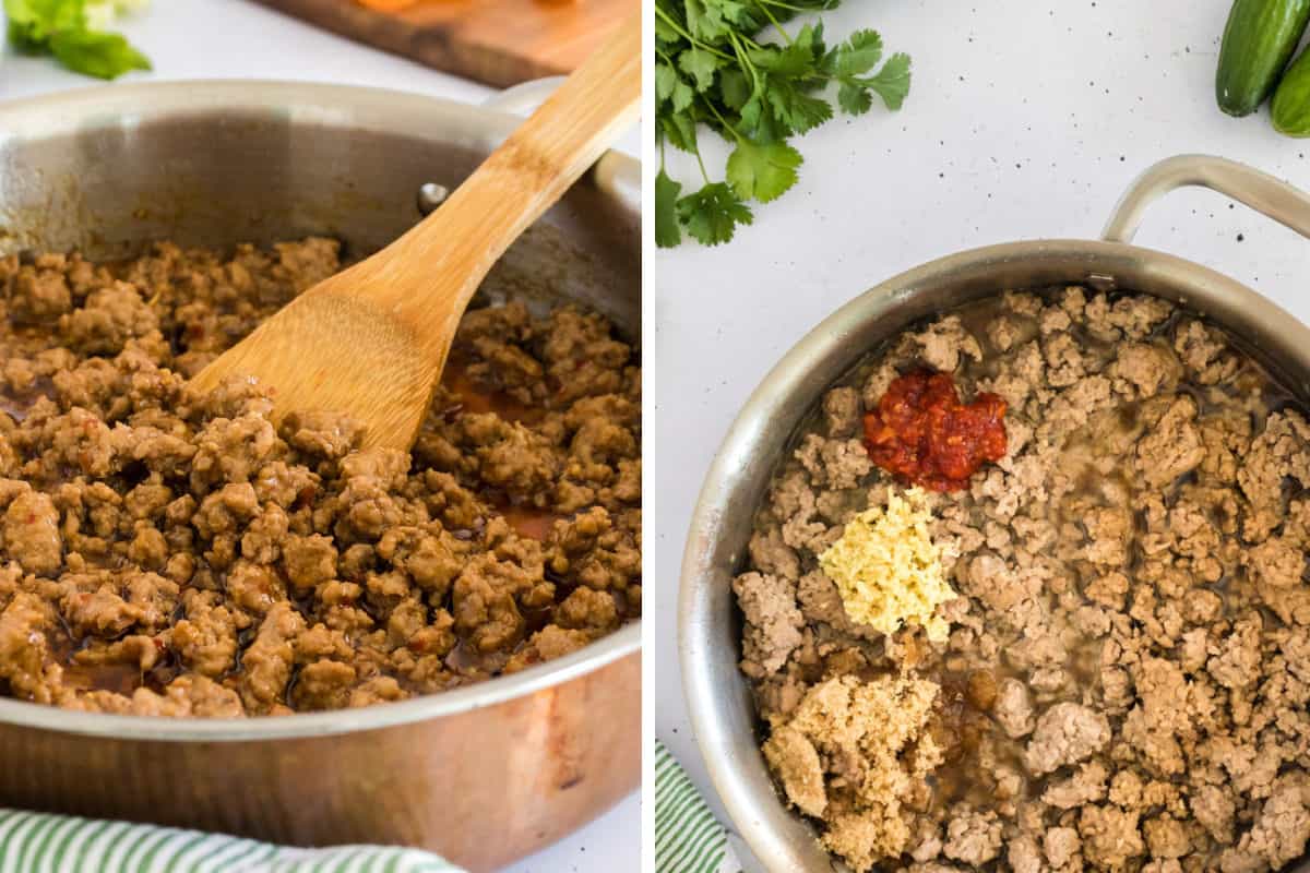 Seasoning and cooking ginger pork in a skillet.