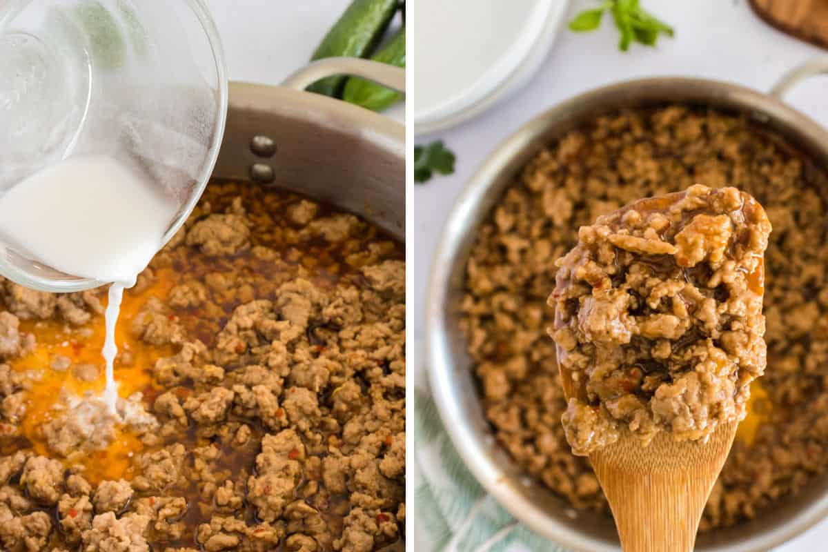 Cooking ground pork then adding a cornstarch slurry.
