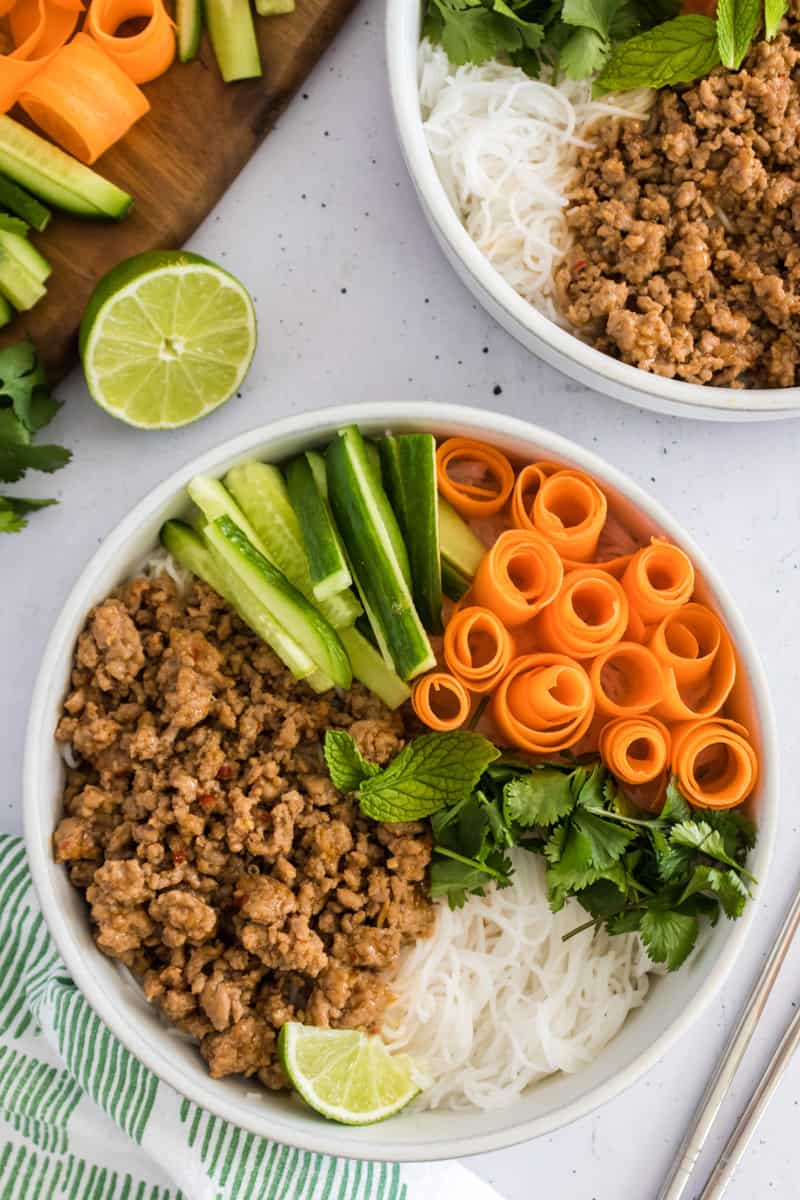 A freshly prepared pork bowl sorted by ingredient.