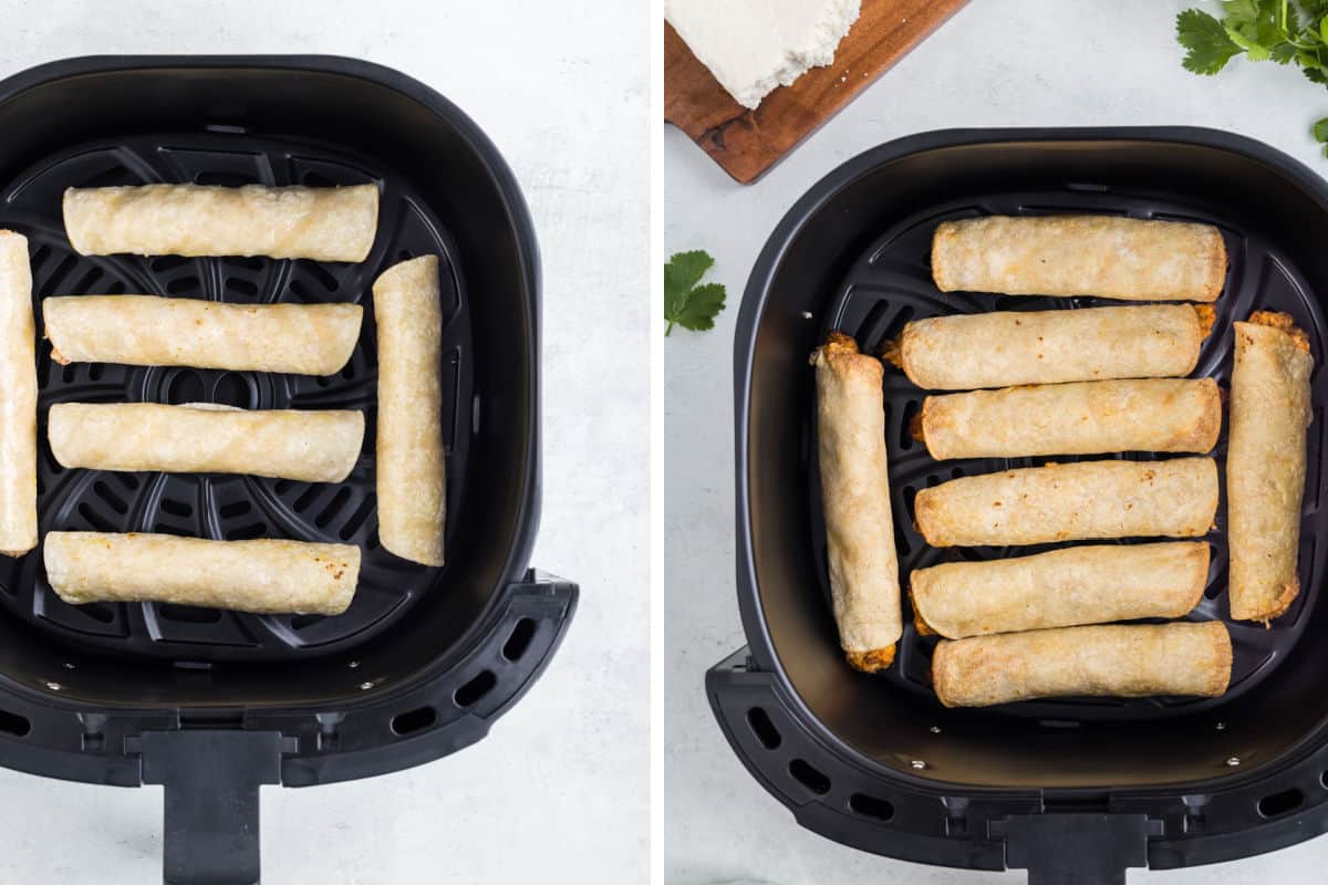Before and after of taquitos cooked in the air fryer.