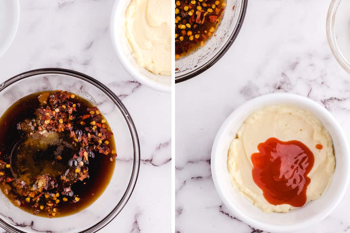 Mixing the korean beef sauce in bowls.