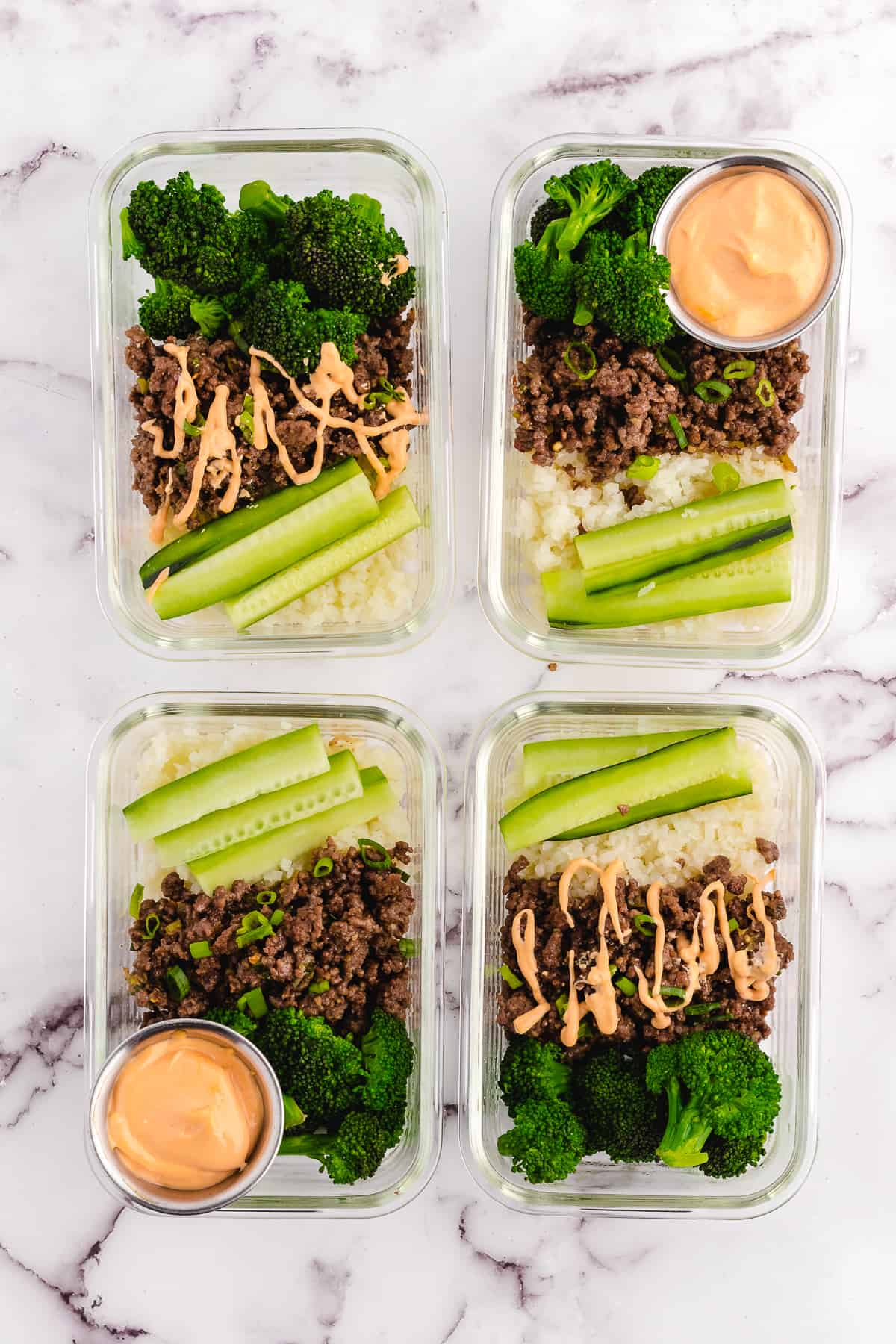 4 prepped korean beef bowls.