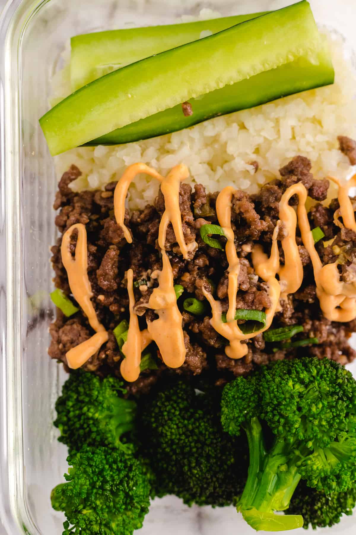 Close up of a korean ground beef bowl.