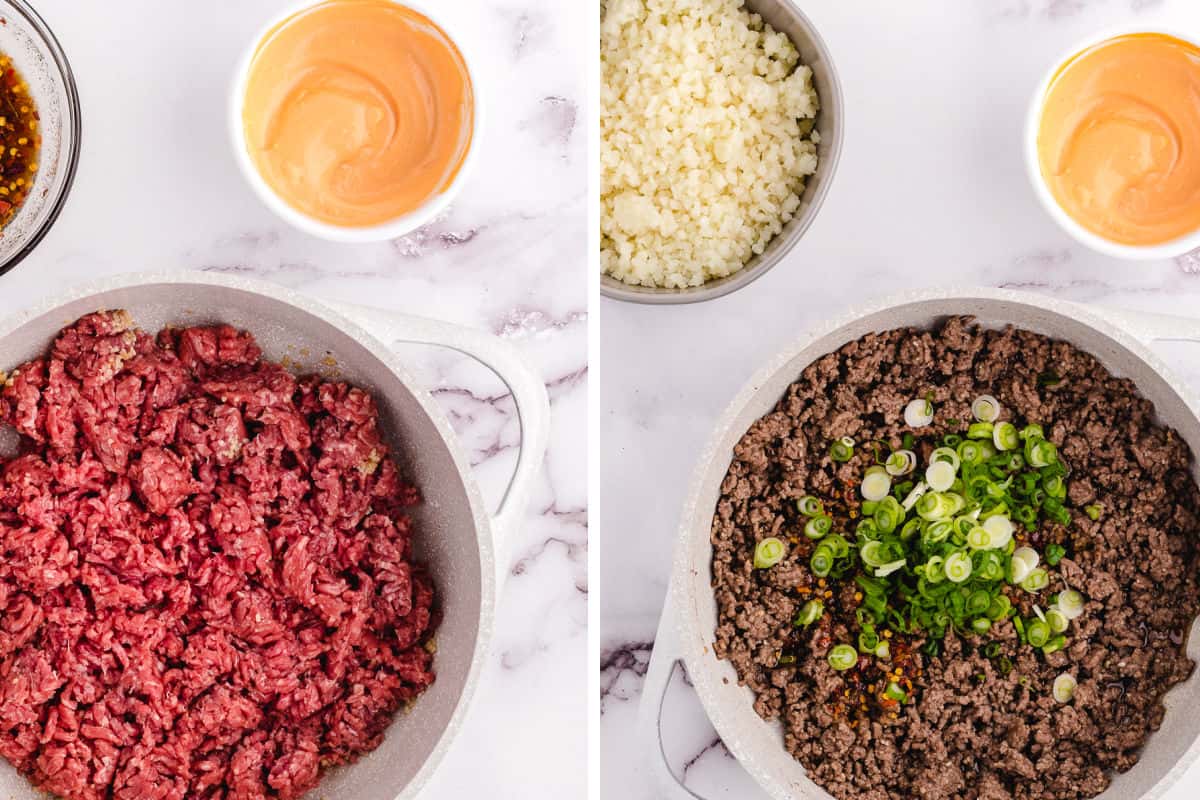 Before and after the ground beef is cooked.