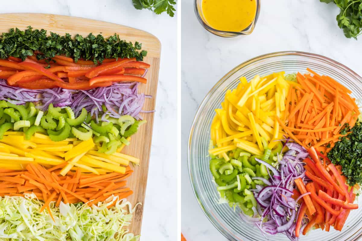 Prepping mango slaw ingredients on a cutting board and putting them in a bowl.