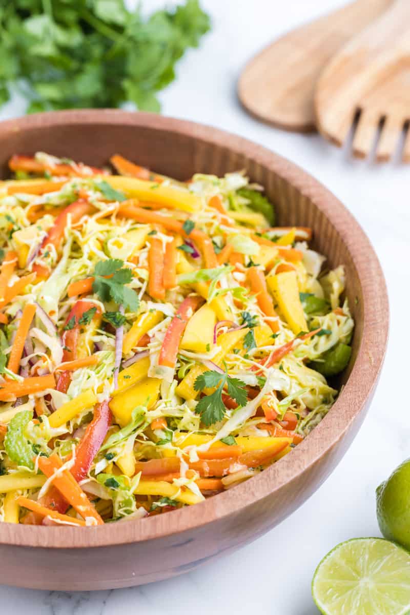Prepared mango slaw in a large salad bowl.