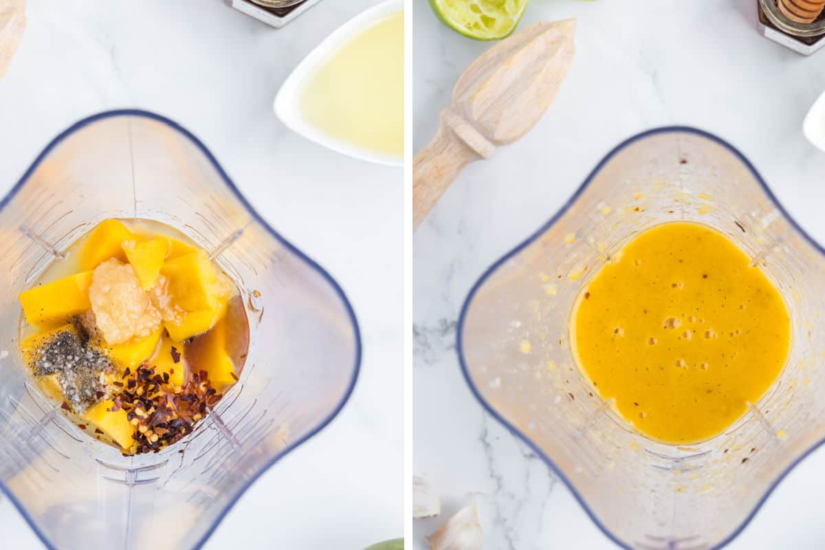Before and after of making the mango dressing in a blender.