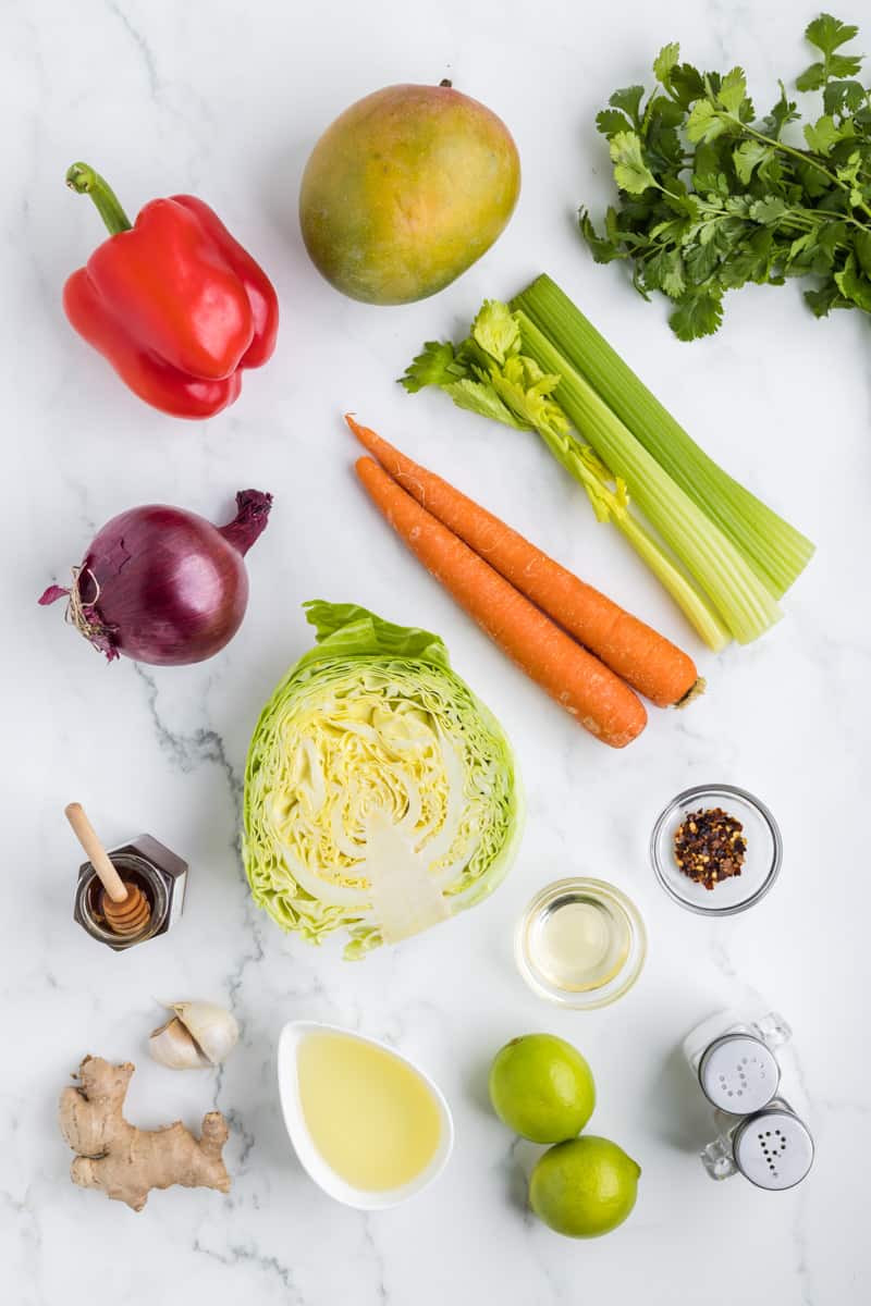 Mango slaw and mango dressing ingredients.