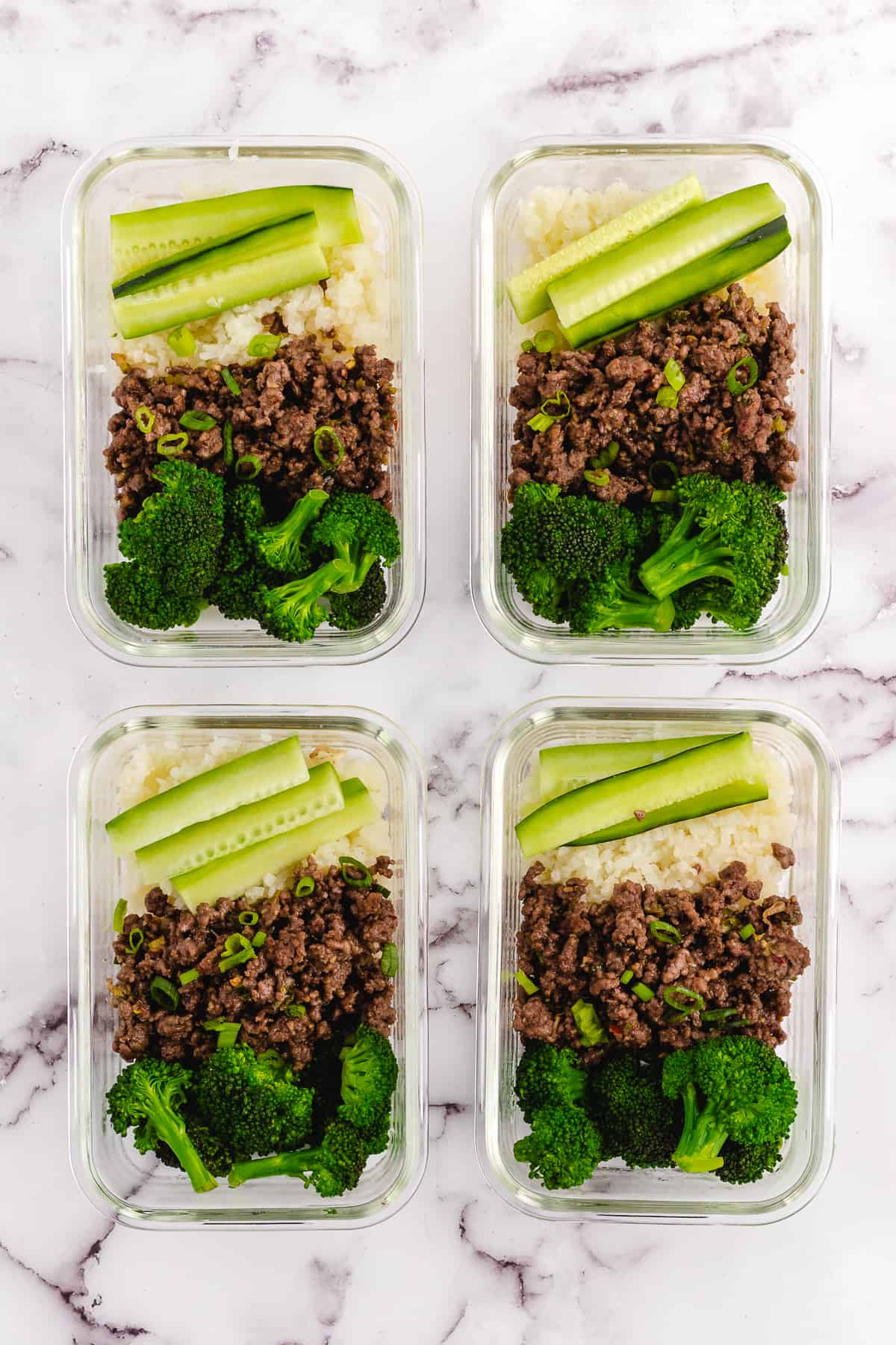 4 prepped korean beef bowls.