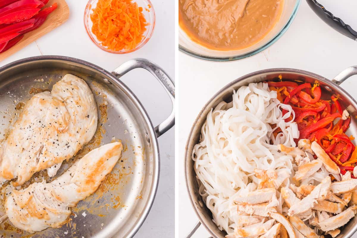 Searing the chicken then adding the noodles and peppers to the pan.
