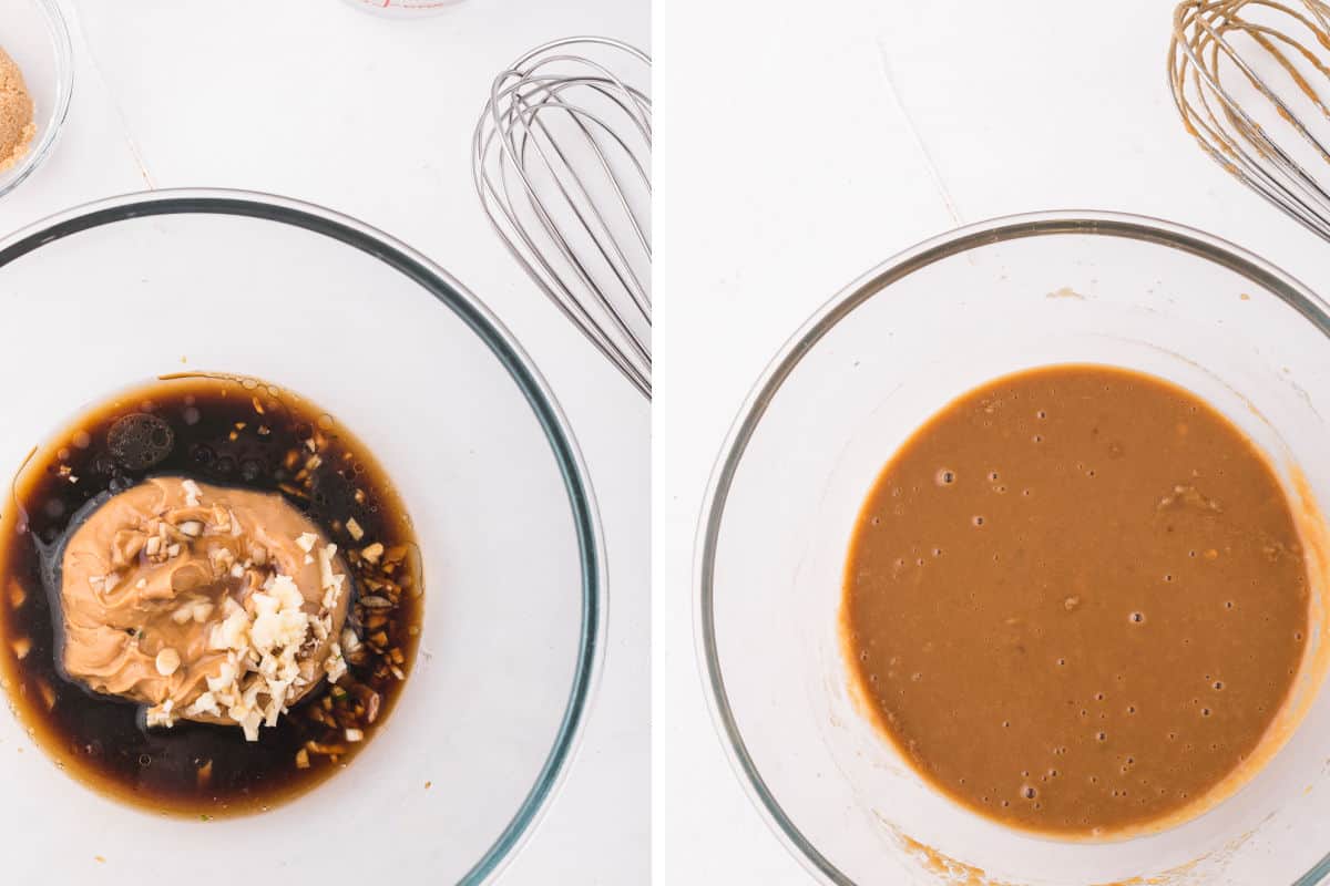 Prepping and mixing the peanut sauce in a small bowl.