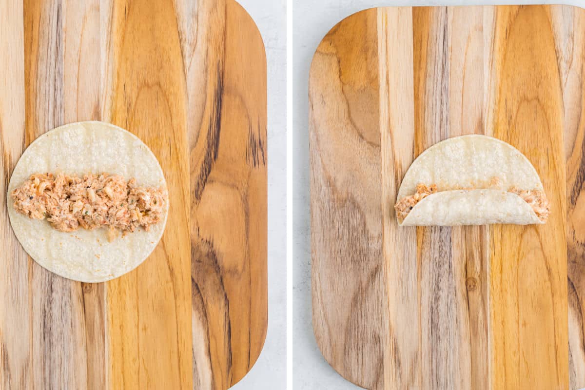 Process of rolling taquitos on a cutting board.