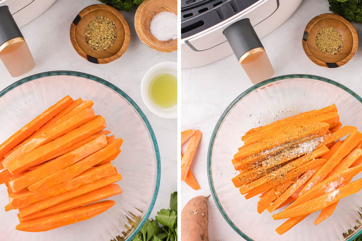 Tossing sweet potato fries in a bowl.