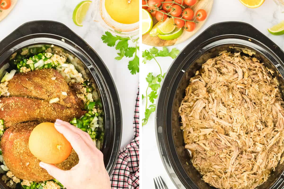 Before and after the pork has cooked in the crock pot for 8 hours.
