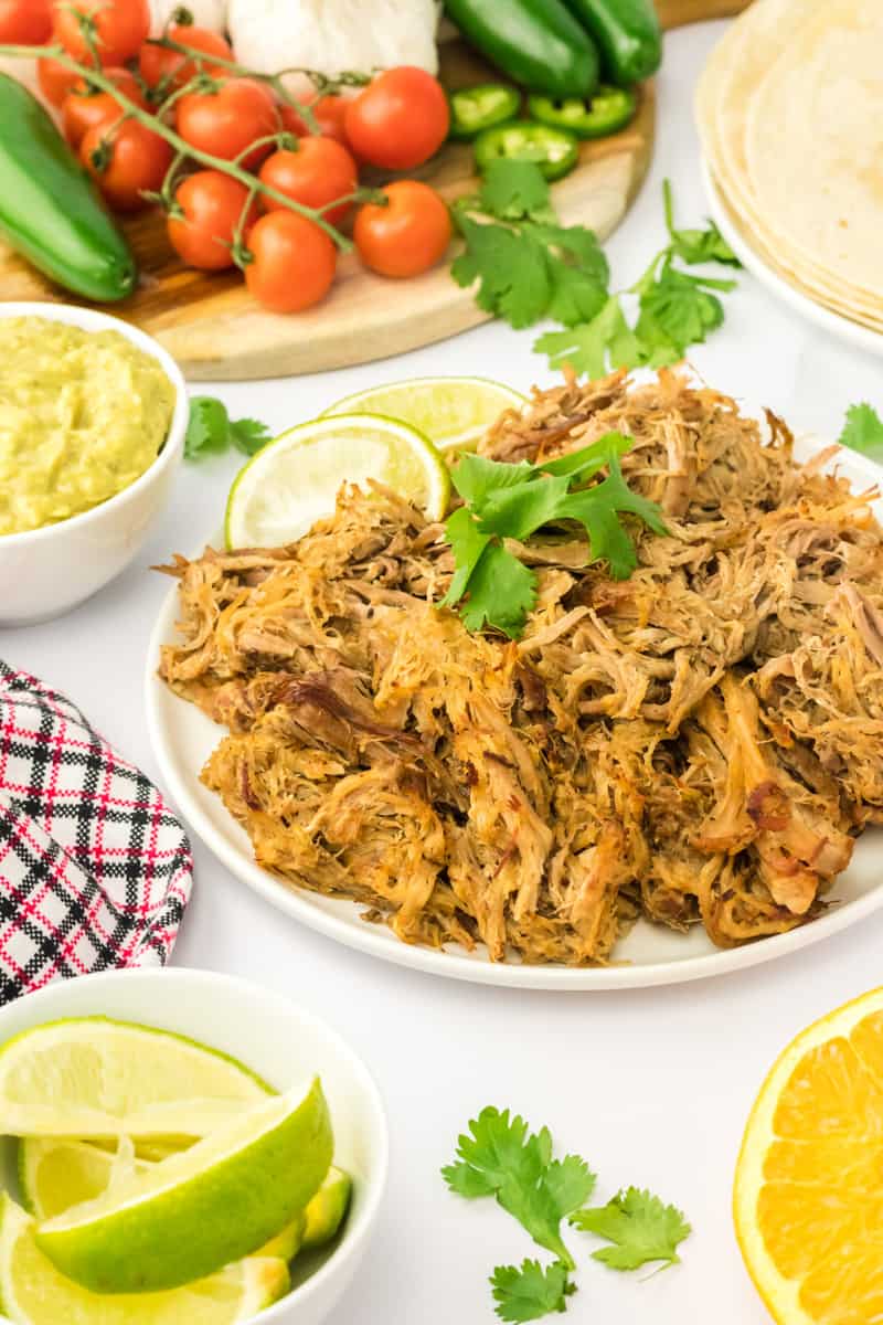 A platter of freshly shredded pork carnitas.