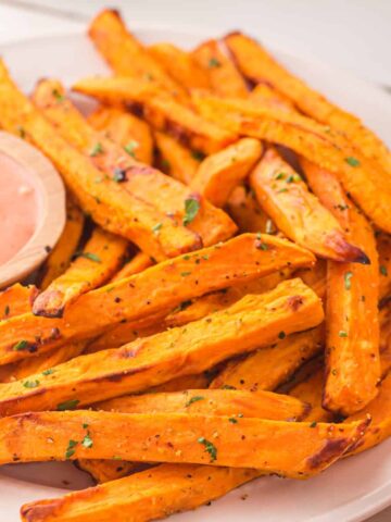 Plate of seasoned air fried sweet potatoes