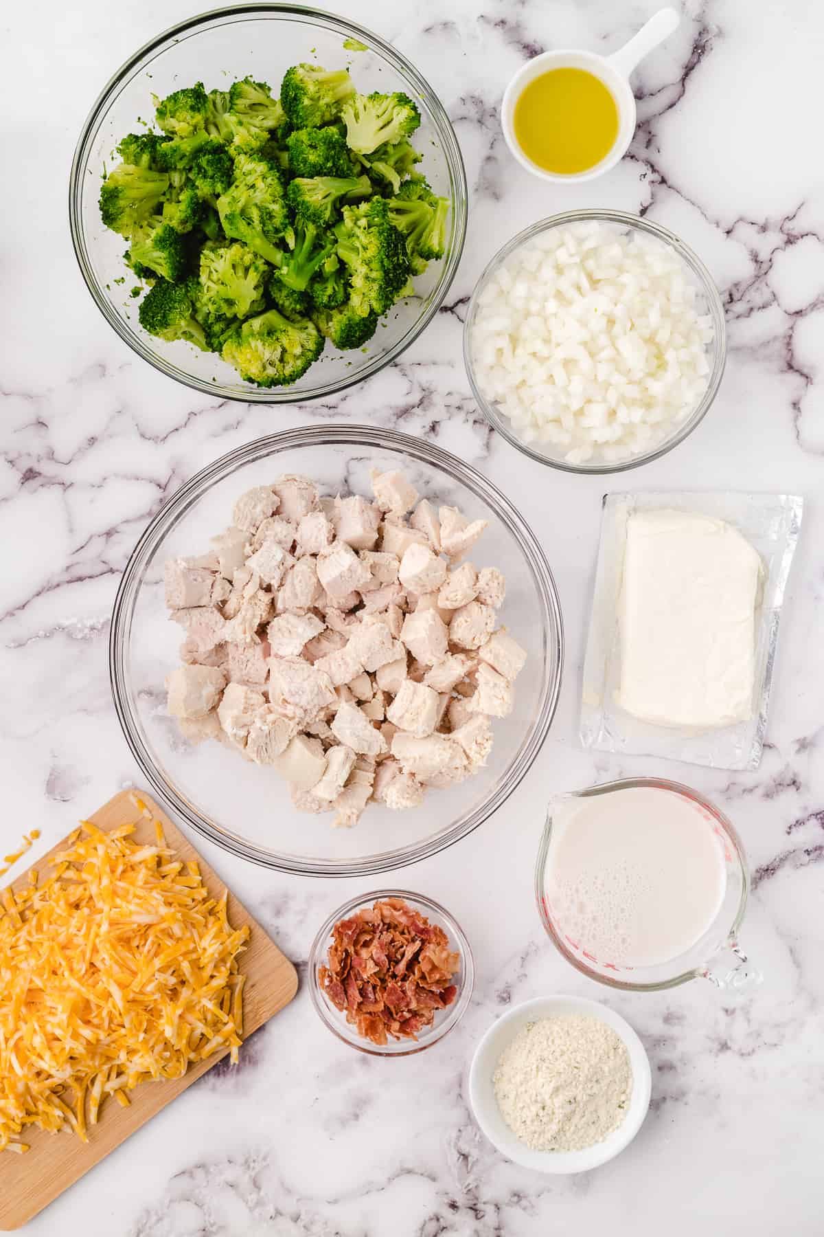Chicken Bacon ranch bake separate ingredients in containers 2
