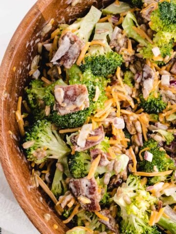 broccoli salad recipe with bacon in a wood bowl