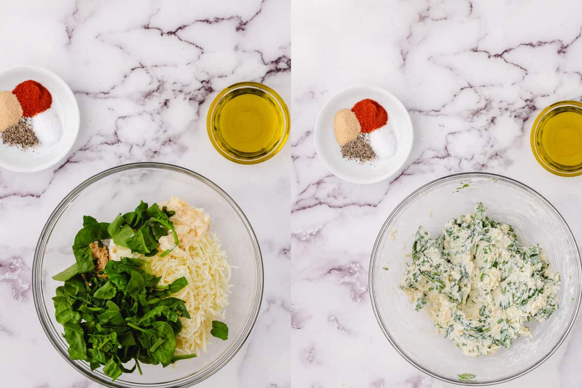stuffed chicken breast with spinach and cream cheese in a bowl
