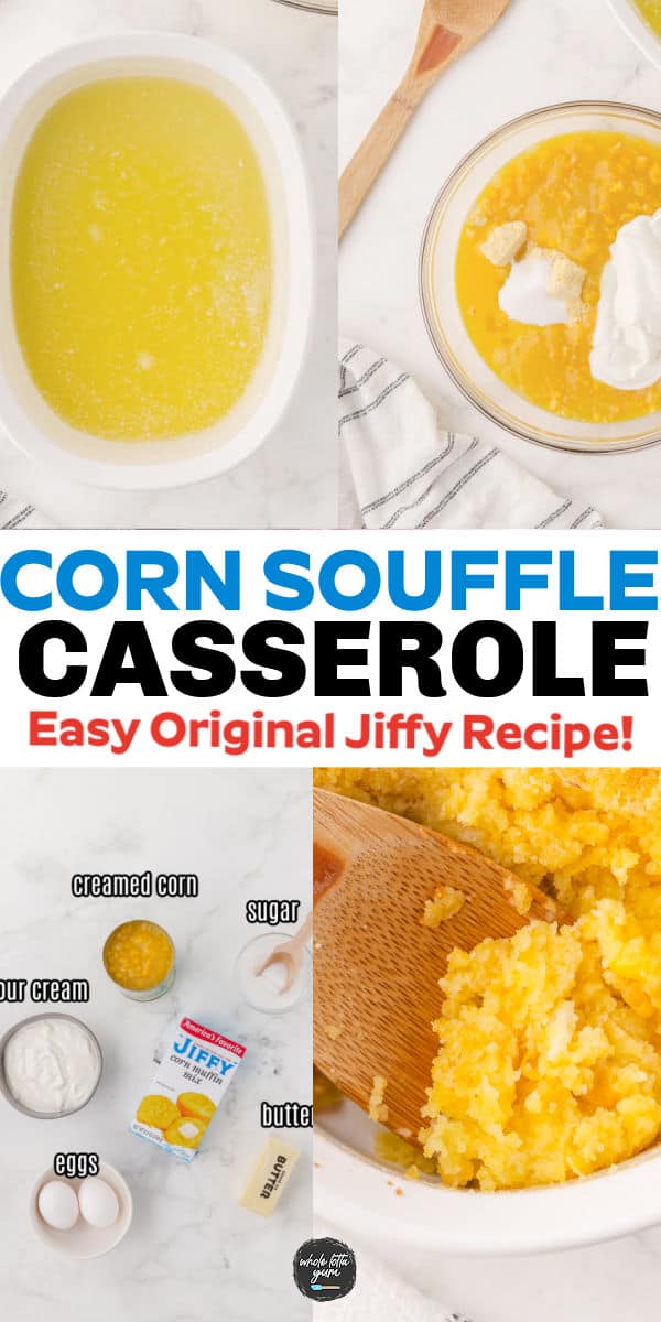 the recipe steps for making a corn souffle with Jiffy cornbread mix