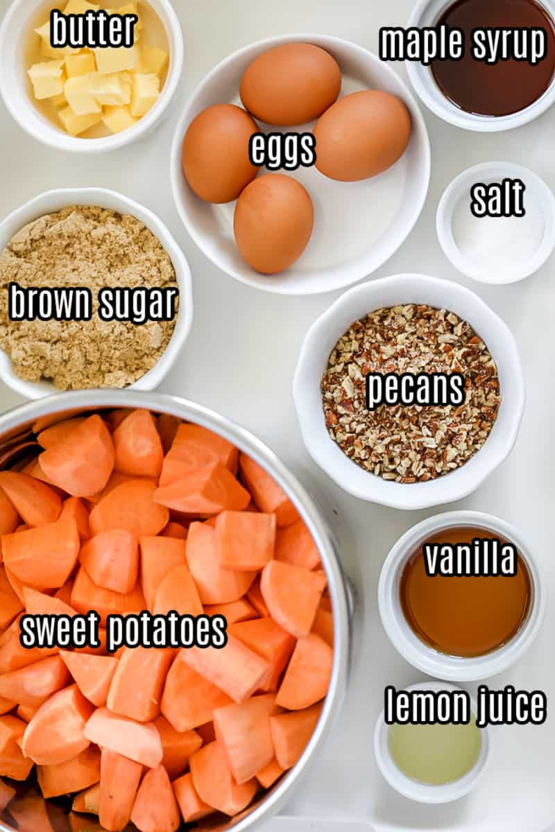 sweet potato casserole no marshmallows ingredients on a white counter