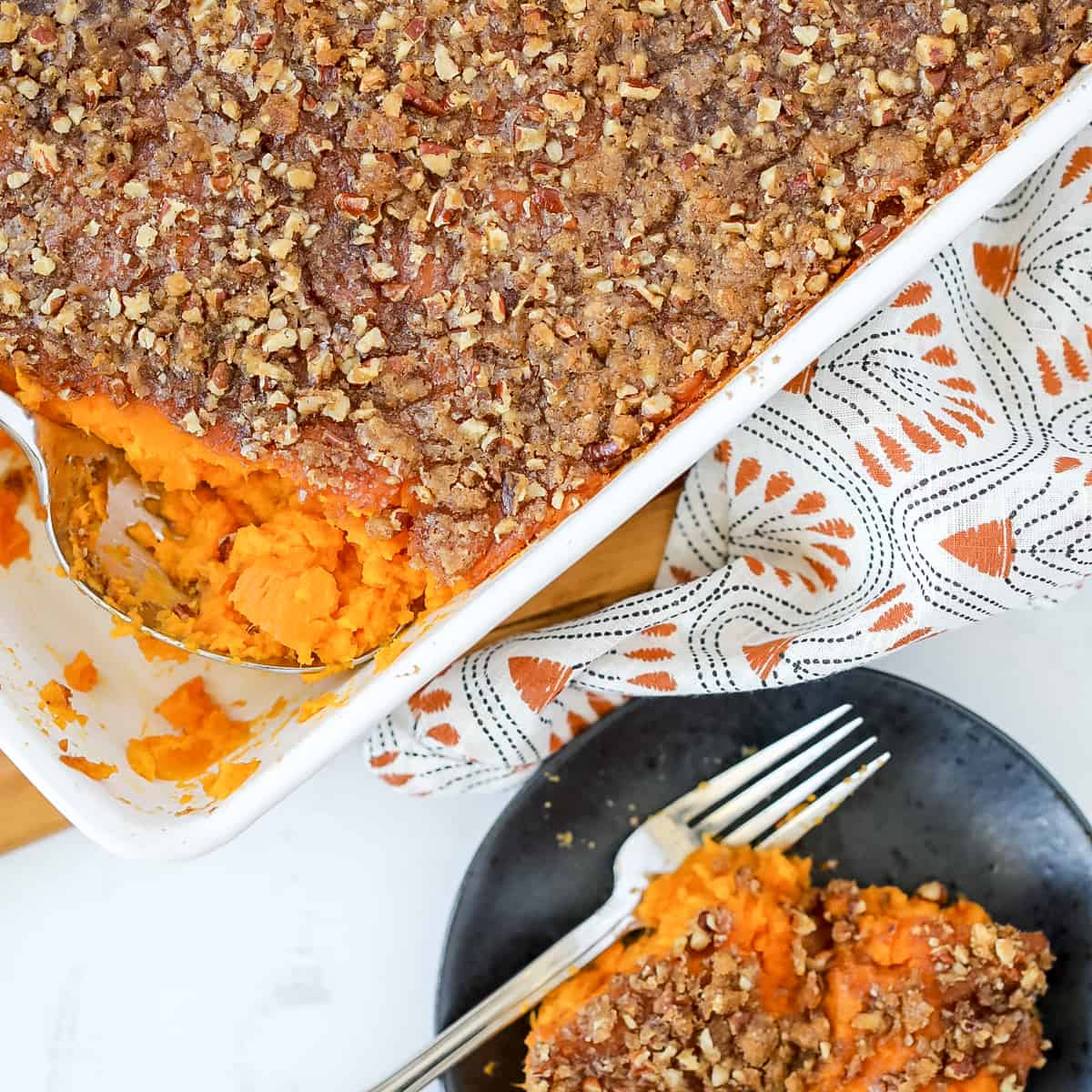 sweet potato casserole with streusel close up on a plate
